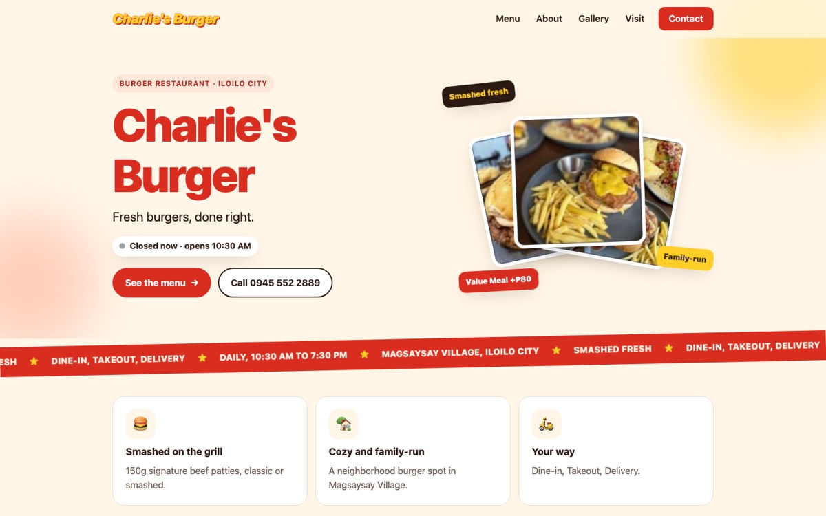 Charlie's Burger website home page