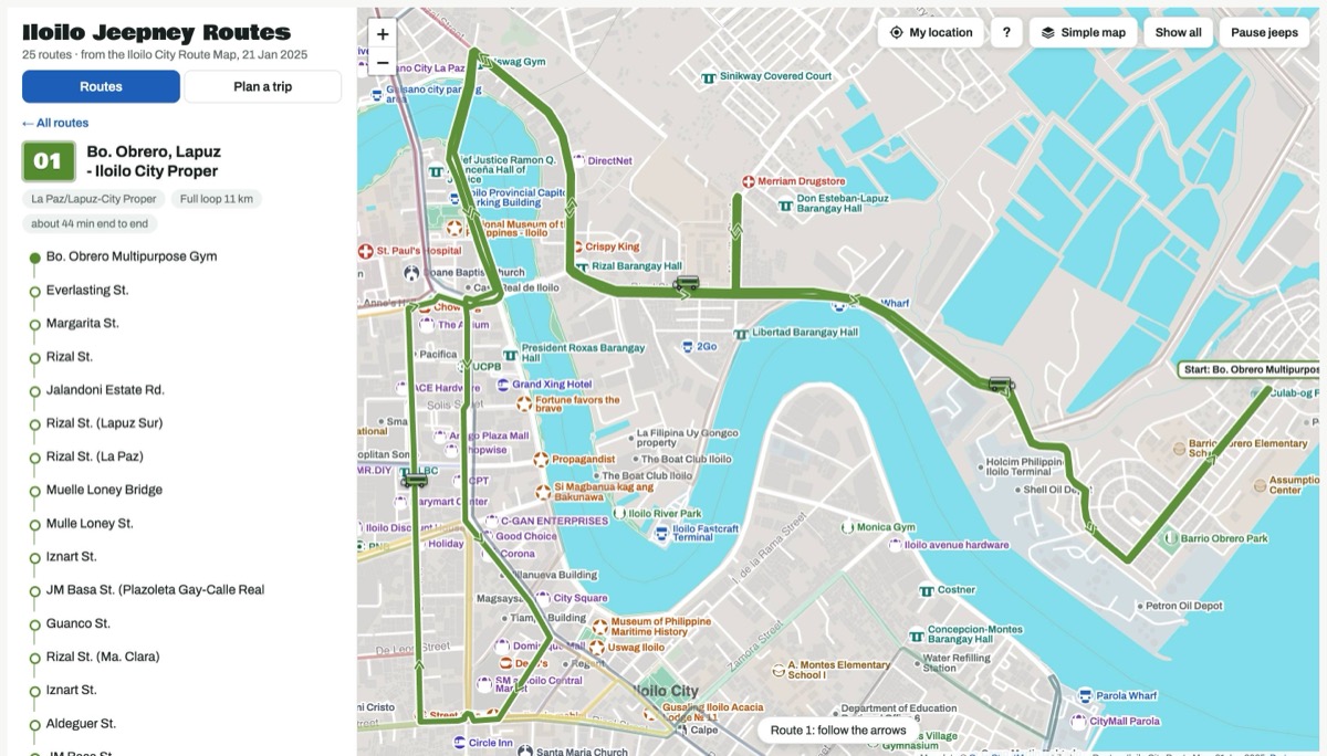 Iloilo Jeepney Routes map showing Route 1